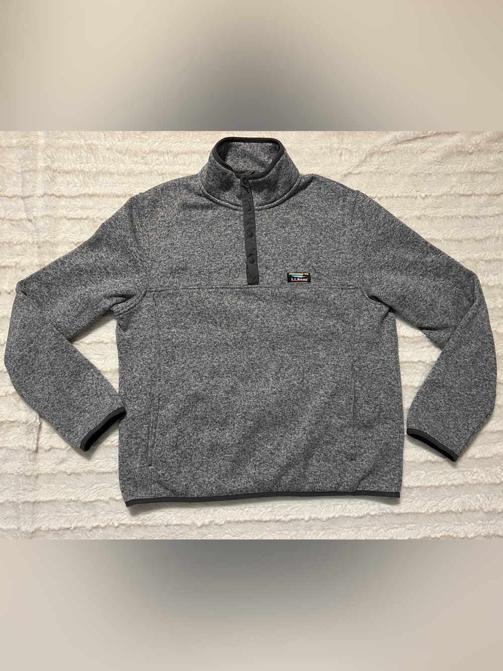 LL Bean Men’s L Sweater Fleece Pullover Gray Heather Snap T Slightly, Fitted